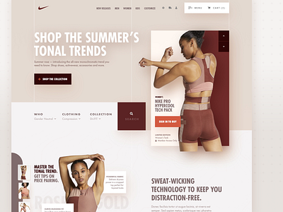 Nike Women's Landing Page – Website Redesign Concept activewear athletic branding earth tones ecommerce interface design jangucreates nike pastel colors redesign rose gold search bar shopping terracotta ui design user experience user interface ux design web design website website concept