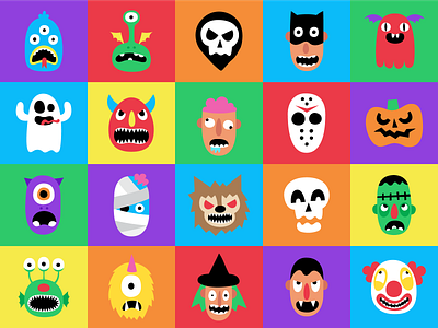 Halloween Characters 2d character design clown colorful flat funny ghost halloween illustration monster pumpkin simple skull vector