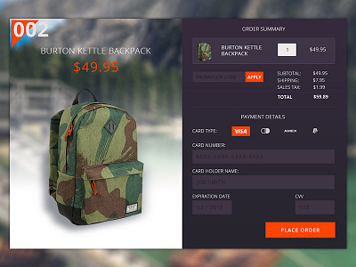 Daily UI #002 002 bookbag burton buy buy now checkout credit card daily ui order summary payment payment options place order