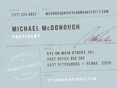 Eye on Main Street business card blue business card eye on main street projekt inc. sean costik signature typography