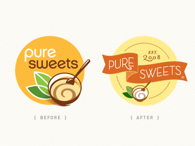 Pure Sweets Logo (Before & After) after before before after before and after logo orange projekt projekt inc. pure sweets sean costik typography yellow