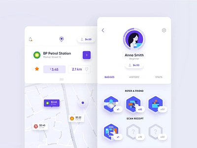 Trunow - Mobile App app badges dashboard icons illustration map mobile petrol pin profile rewards station tabs ui ux