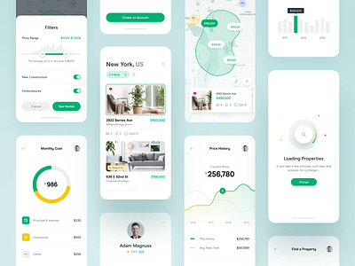 Real Estate - Mobile Grid apartment buy dashboard details filters flat graph house listing map pie chart property real estate rent search ui