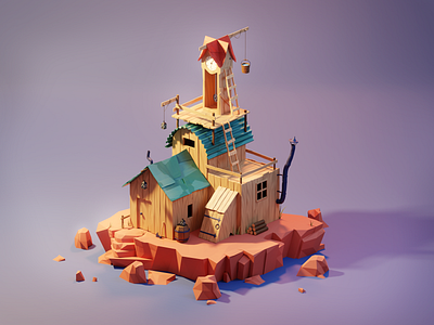 Clock Tower Cabin 3d b3d blender clock isometric low poly lowpolyart rocks shack