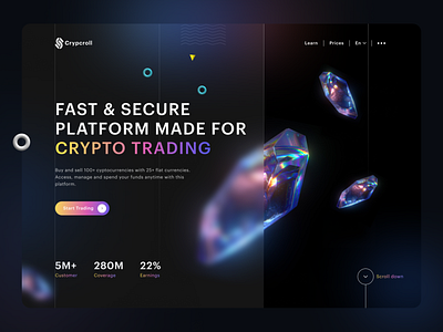 Crypcroll - cryptocurrency landing page ui 3d creative crypto cryptocurrency crystal dailyui dark dark ui design landing page landingpage ui ux web webdesign