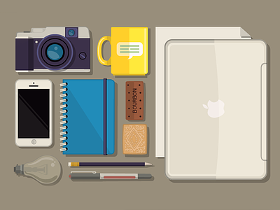 PR Toolkit biscuits camera cup illustration laptop lightbulb objects paper pen pencil phone tools