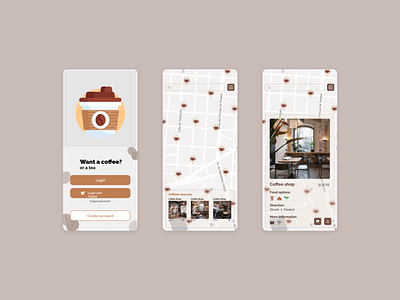 Coffee app aplication app bar coffee coffee cup coffee shop coffeeshop design illustration login map menu search shop ui ux