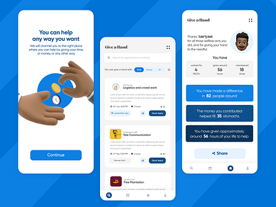 Volunteering App || Give a hand android animoji app cards cards ui causes filter ios app list mobile app design onboarding search social cause stats stats ui ui uiux ux volunteer volunteering