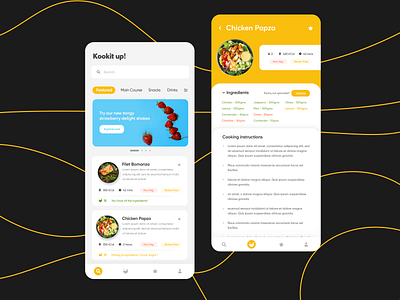 Cooking App || Kookit up! app design banner calorie categories cooking cooking app design eat filter food ingridients kitchen menu recipie restaurant search ui uiux ux yellow
