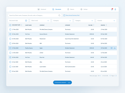 Documents table for an investment web app