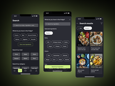 Recipe search app app design dark design food minimalistic mobile mobile design recipes search ui ui design user interface