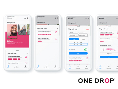 One Drop Today Exploration app design dropdown healthcare messaging minimal mobile app mobile design mobile ui navigation navigation bar navigation menu tab to do