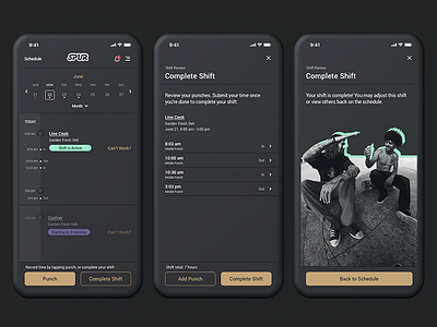 Spur Time Tracking android app app design dark mode dark ui employment ios material design mobile mobile app product design schedule shift time time tracking visual design