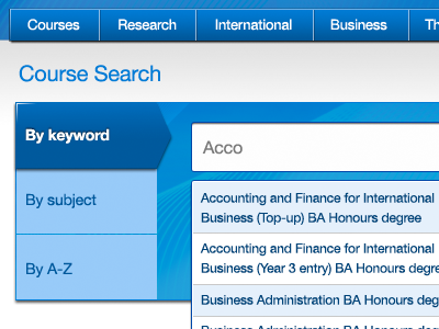 Course search with auto-suggest auto suggest autosuggest course search tabs university