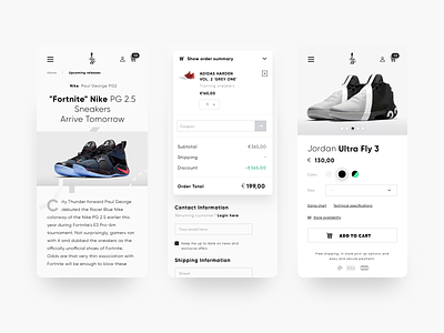eCommerce mobile detail, blog and cart pages