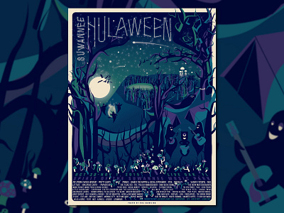 Hulaween VIP Poster camping illusion illustration moon skull spooky trees