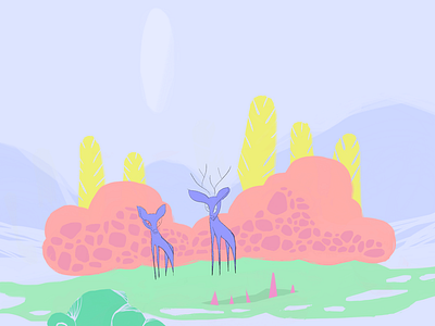 Couple of deer wandering buck cartoon character deer doe drawing fantasy graphic illustration procreate