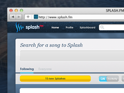 Splash.FM - Home Page button frequency home page input logo music music discovery ripple search splash splash.fm toggle update water wave web app