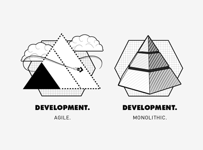 Agile vs. Monolithic agile art black and white bw development flat geometry graphics hex hexagon icon suite icons mojo monolithic suite superflat tapered lines