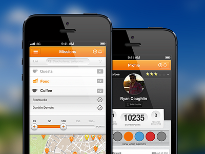 Mobee - Mission and Profile badges filter ios iphone map notifications points profile rating stars ui