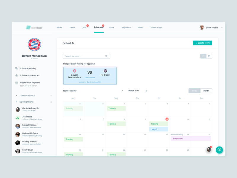 Adding event to a Team Schedule 10clouds app dashboard football player statistics table ui ux web