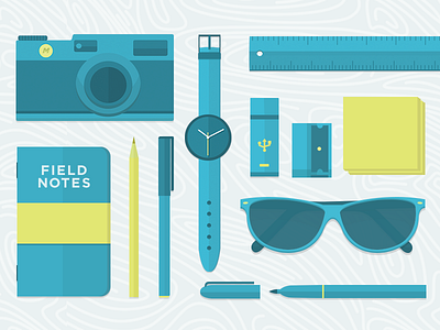 Desk Items camera desk field notes flat icons illustrations ruler sharpie sunglasses watch