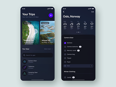 Packing App app cards dark dark mode ios list mobile app packing product simple todo travel trip ui ux weather