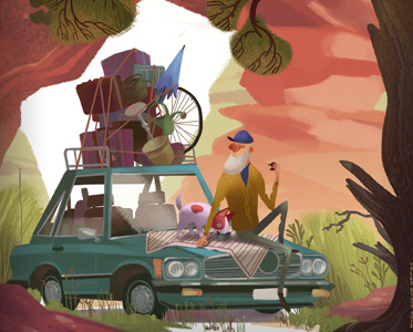 Off Again2 car childrens dog illustration tree