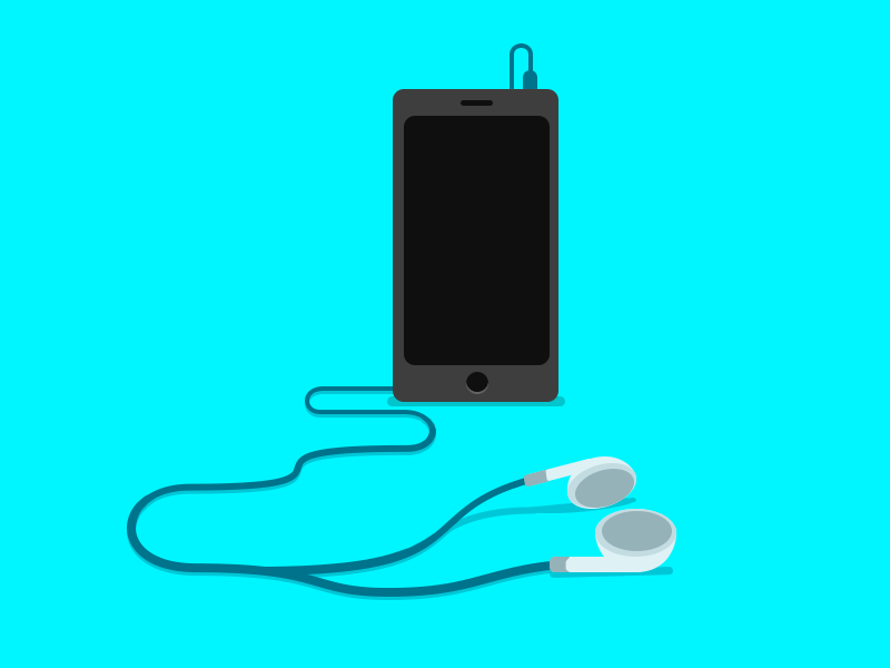 Phone And Earphones music smartphone idevice flat blue electric headphones earphones phone