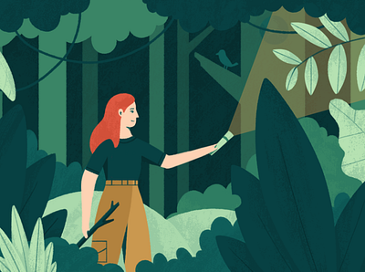 Explore adventure character exploring forest girl green illustration jungle motion design plants texture trees woods