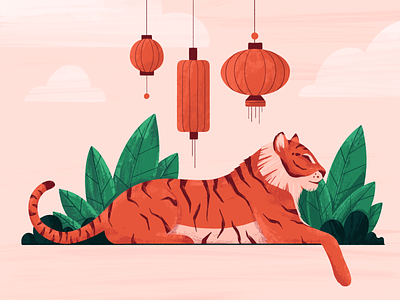 Year of the Tiger animal brushes cat illustration inspiration lanterns lunaryear newyear orange plants texture tiger