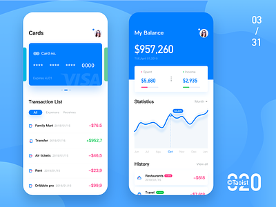 Daily exercise 020 app blue blue and white card clean color concept design flat homepage ios mobile redesign ui ux wallet white