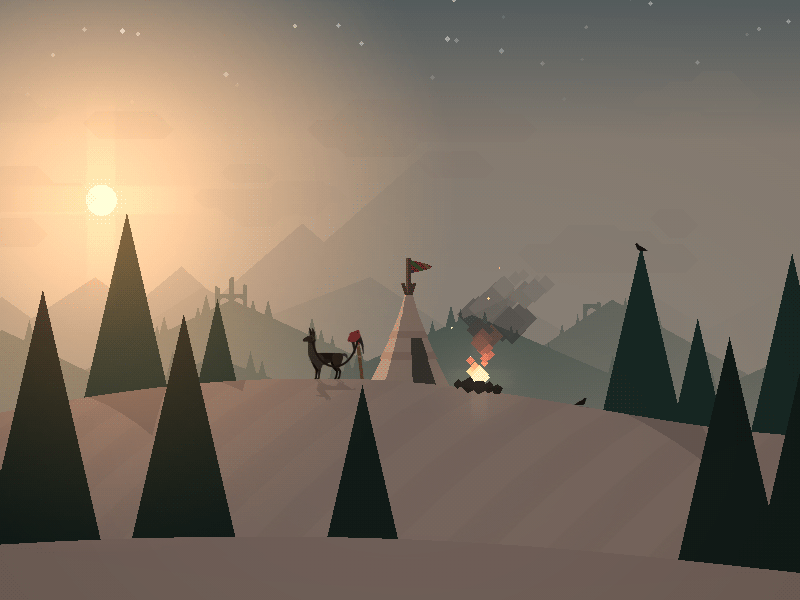 All was calm on the mountainside game ios development unity unity3d mountain fire particles dawn tent llama flag