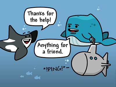 Whale and friends cartoon character comic content design fish illustration ocean scene socialmedia submarine underwater water whale