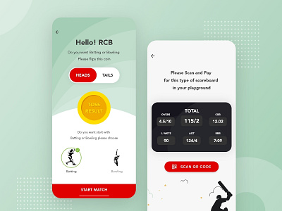 Scoreboard or Toss UI for Cricket App app app ui barcode code coin design designer designs flip product details red scan score scoreboard scorecard toss ui ui design ui ux ux