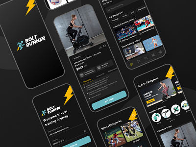 Bolt Runner Fitness - Freebie App app ui count daily dark design designer ecommerce excercise fitness shop step store tracker ui ui design ui ux ux walk yellow yoga