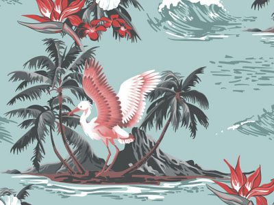 Paradiso Yardage bird floral hawaiian heron island palm pattern textile tree tropical water yardage