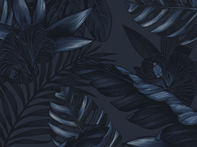 Midnight Floral Yardage blue floral hawaiian hibiscus leaves monochrome navy palm tonal tropical