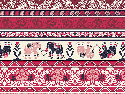 Ethnic Stripe Yardage elephant floral paisley pattern red repeat stripe