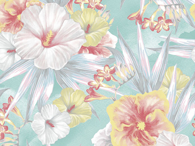 Watercolour Floral Yardage floral flower hawaiian hibiscus palm pastel tropical watercolour