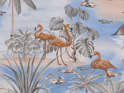 Flamingo Yardage bird digital painting flamingo hawaiian lily palm tropical vintage