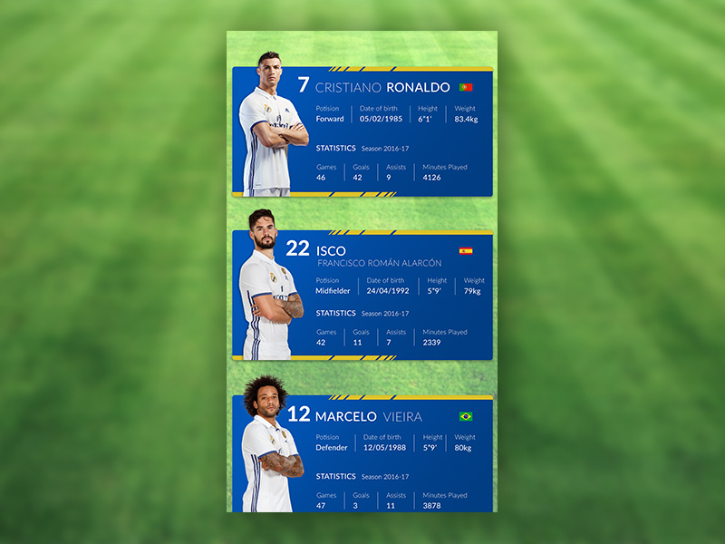 football Player info cards concept create fifa player realmadrid card football design ux ui