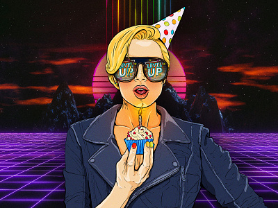 Happy Birthday birthday cake candle character comic art cupcake cyberpunk gaming happy birthday illustration level up party pinup woman