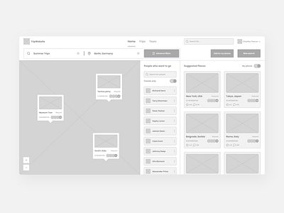 Tripper travel platform desktop screen wireframe