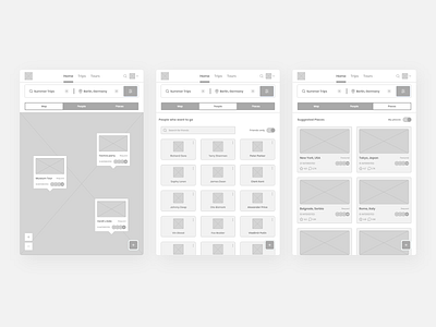 Traipper travel platform tablet screen wireframes