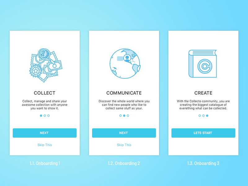 Collecto Onboarding Screens animation app blue coin collect collectible collections collecto collector gif mobile app onboarding screen uiux design