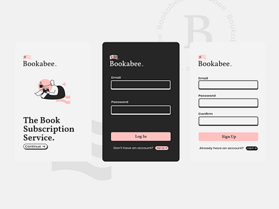 Bookabee 3d 3d button app app design application books daily ui daily ui 001 dailyui flat genres illustration monochrome pink reading serif shapes ui ui design