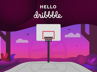 Hello Dribbble affinity affinity designer affinitydesigner basketball basketball court courtroom debut dribbble gradient hello dribbble illustration plants sunset trees