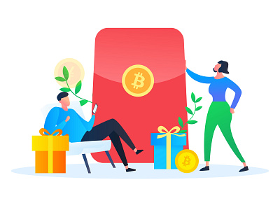 Bitcoin invites friends to get a gift bitcoin branding color design flat gift illustration invites friends reward ui vector