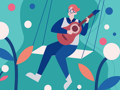 illustration of happy boy swinging playing guitar branding color creative design flat guitar happy illustration swinging vector